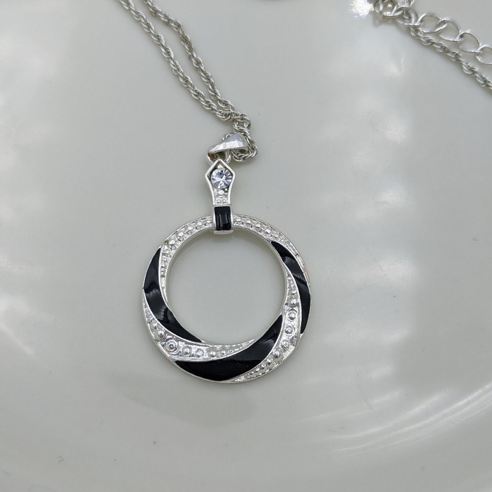 SHB Silver Tone Black Crystal Circle Necklace
